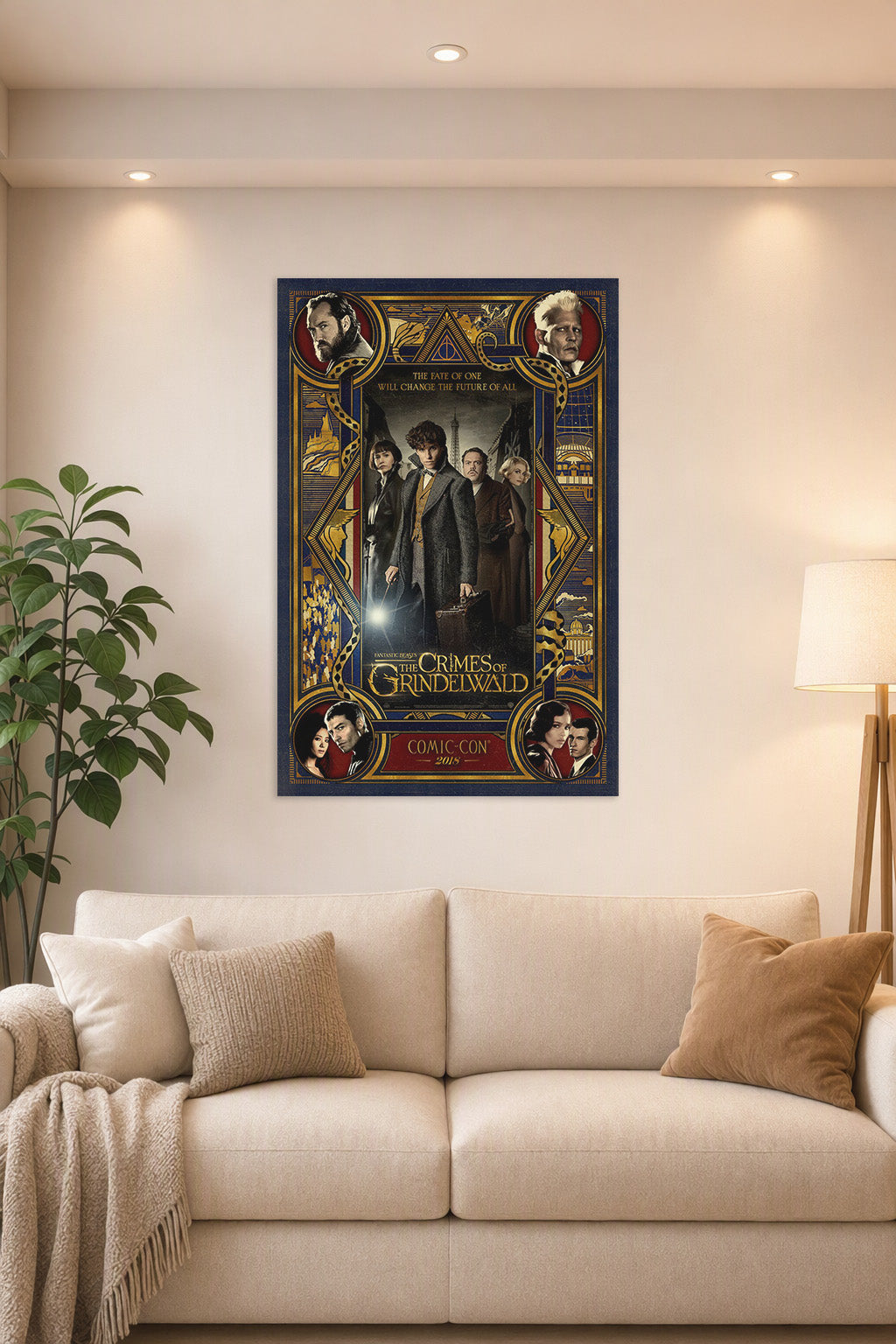 Fantastic Beasts The Crimes of Grindelwald Movie Cast in a bright living room above a beige sofa.