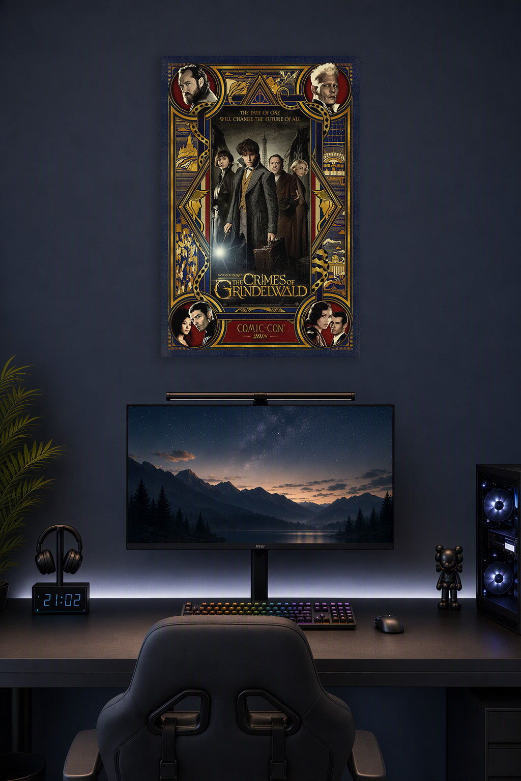 Fantastic Beasts The Crimes of Grindelwald Movie Cast in a gaming desk setup above a monitor.