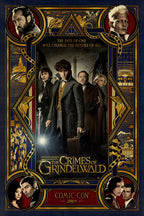 Fantastic Beasts The Crimes of Grindelwald poster with Newt and four characters beneath Paris, bordered by gold Art Deco portraits.