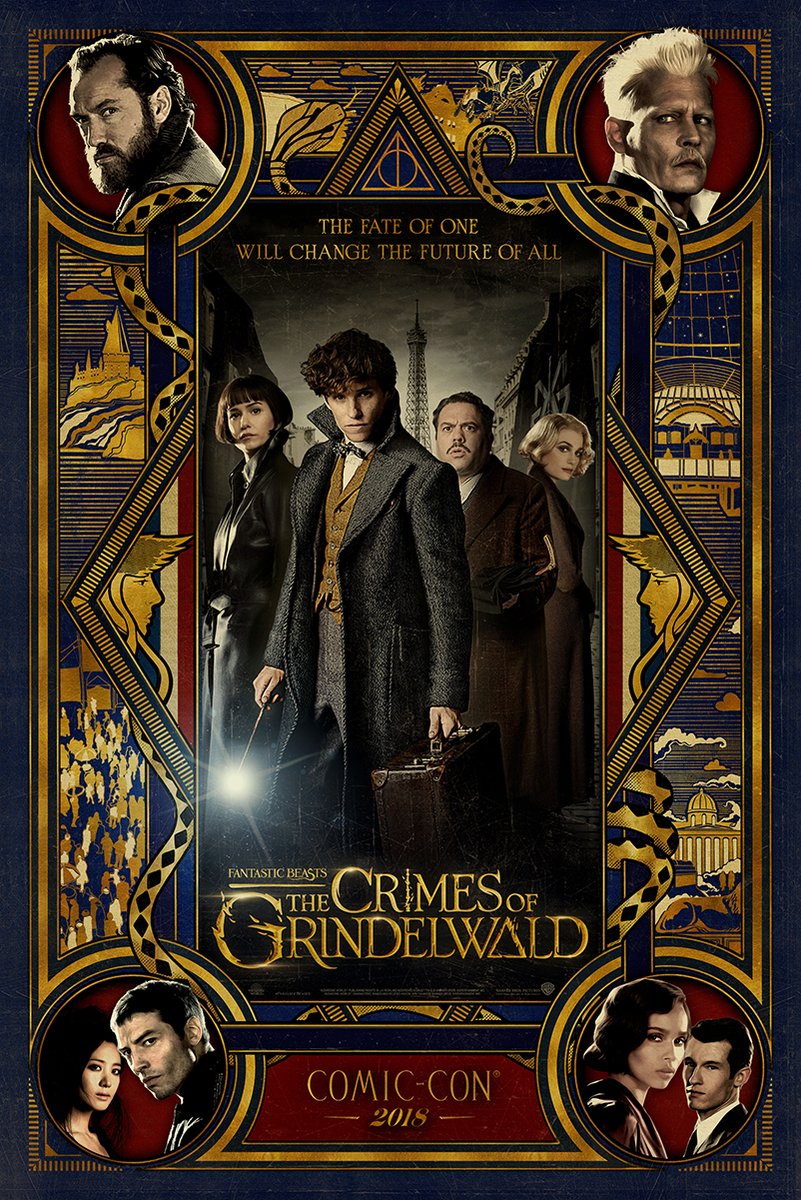 Fantastic Beasts The Crimes of Grindelwald poster with Newt and four characters beneath Paris, bordered by gold Art Deco portraits.