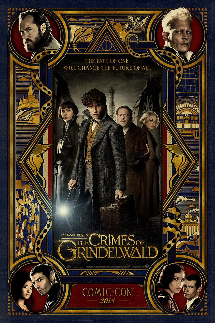 Fantastic Beasts The Crimes of Grindelwald poster with Newt and four characters beneath Paris, bordered by gold Art Deco portraits.