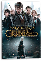 Fantastic Beasts canvas wall art print featuring Newt with raised wand, supporting characters, gold title lettering, and Grindelwald.