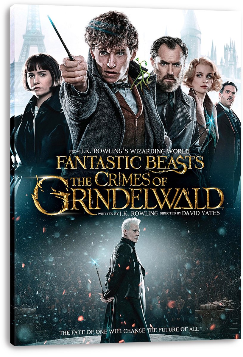 Fantastic Beasts canvas wall art print featuring Newt with raised wand, supporting characters, gold title lettering, and Grindelwald.