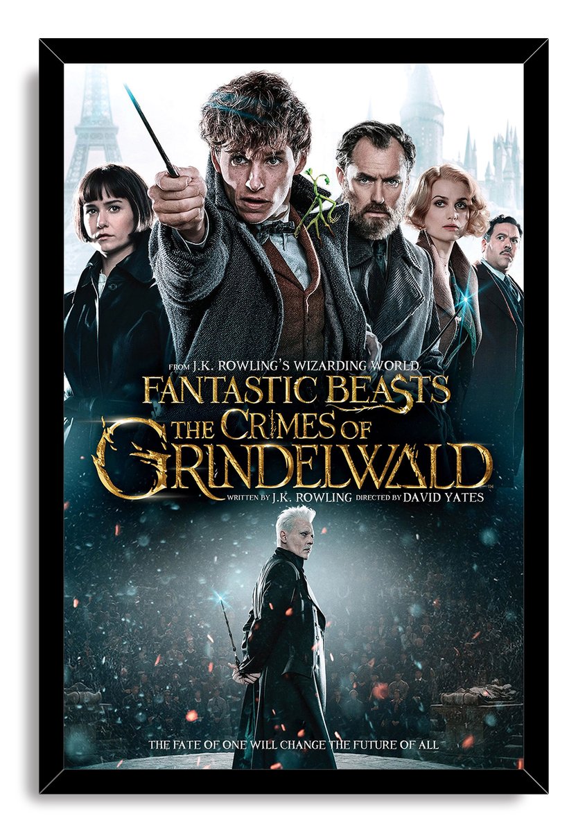 Fantastic Beasts framed wall art print with Newt aiming his wand above Grindelwald in a dark crowd scene and gold lettering.