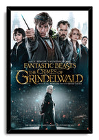 Fantastic Beasts framed wall art print with Newt aiming his wand above Grindelwald in a dark crowd scene and gold lettering.