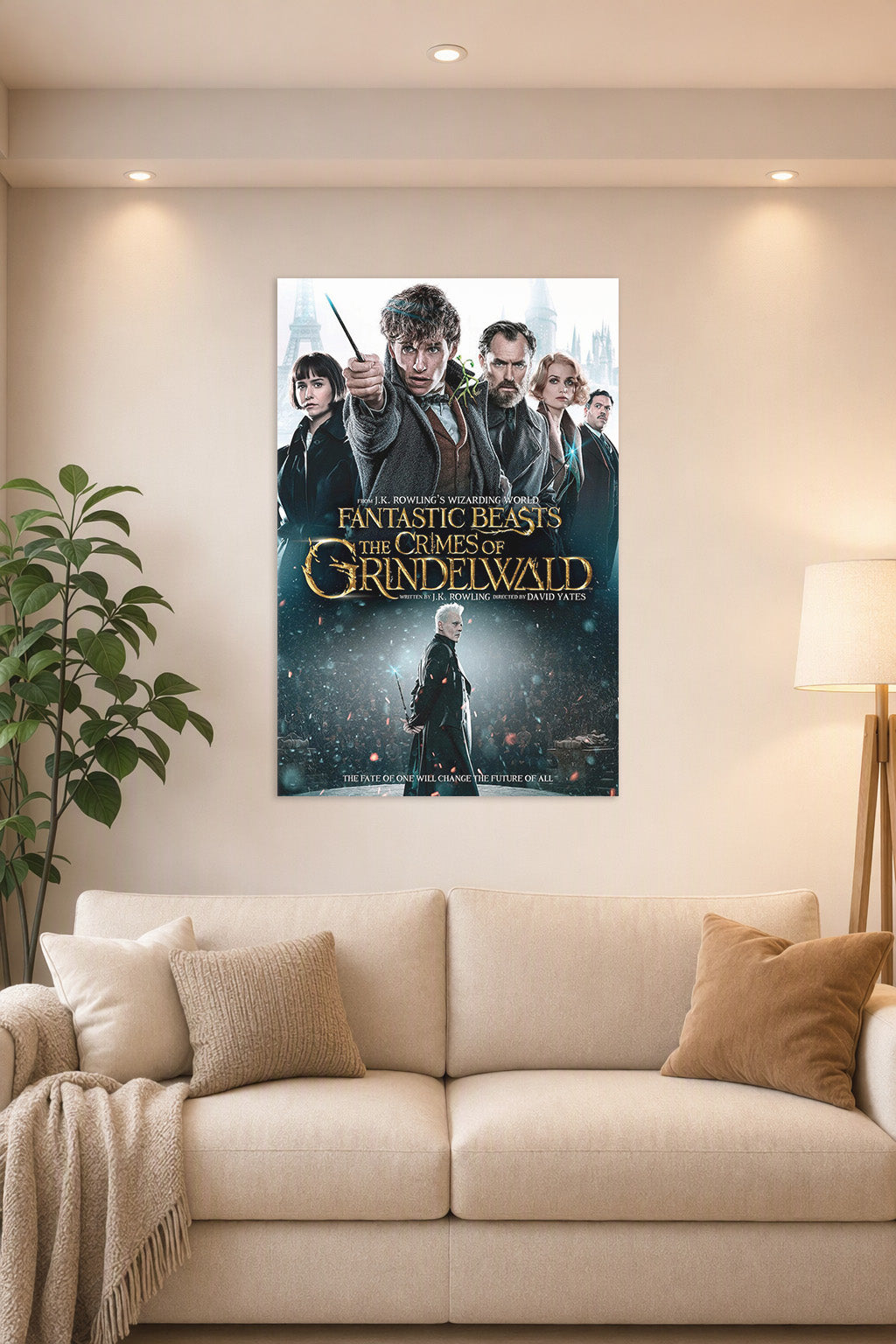 Fantastic Beasts: The Crimes of Grindelwald Movie Poster in a bright living room above a beige sofa.