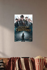 Fantastic Beasts: The Crimes of Grindelwald Movie Poster in a cozy movie room above a brown sofa with popcorn.