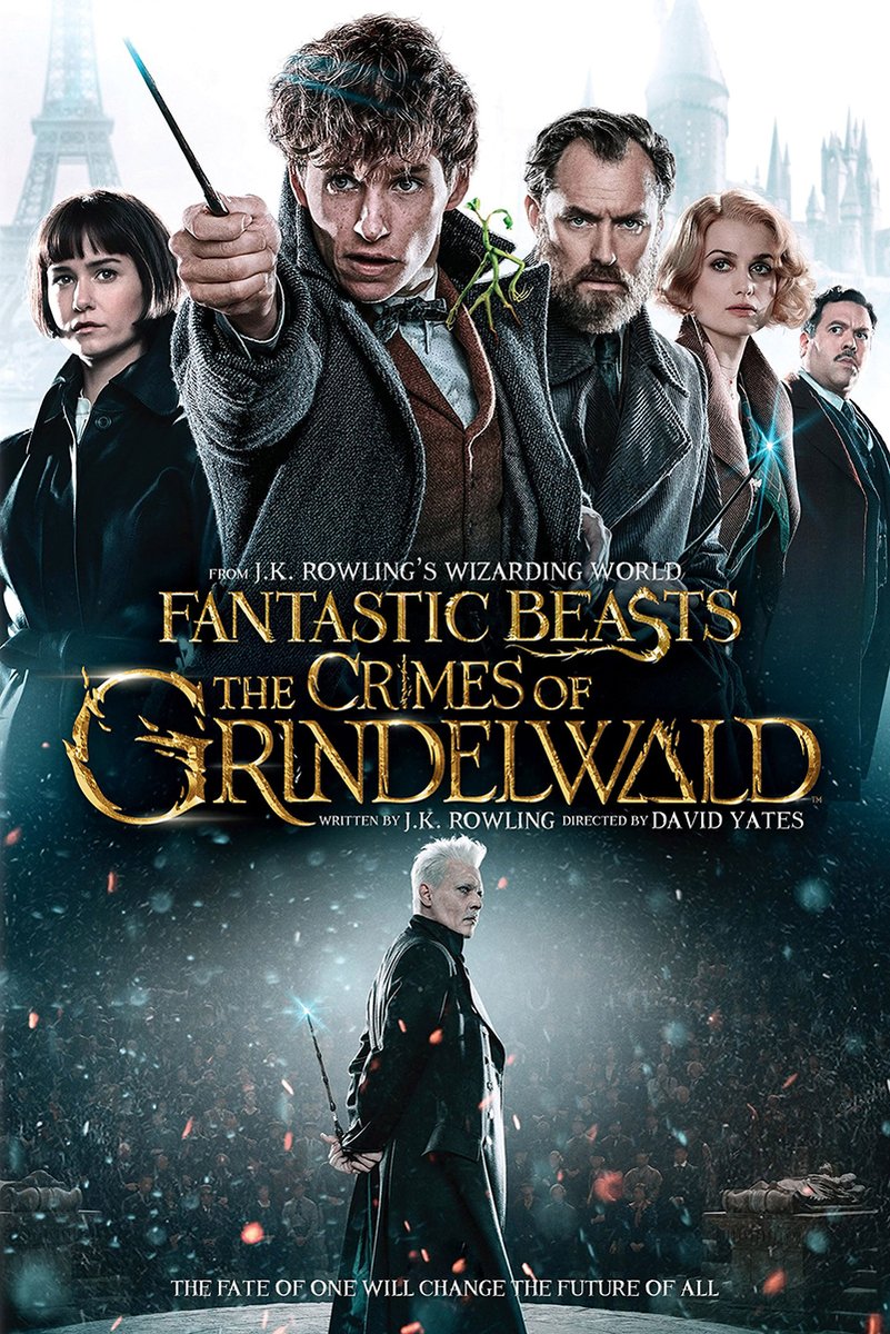 Fantastic Beasts movie poster wall art print with Newt aiming a wand, five characters, and Grindelwald before a crowd.