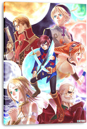 Fantasy adventure anime canvas wall art print featuring six heroes, crossed swords, a pistol, and pastel moons.