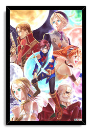 Fantasy adventure anime framed wall art print with six heroes, weapons, and luminous blue, gold, and pink moons.
