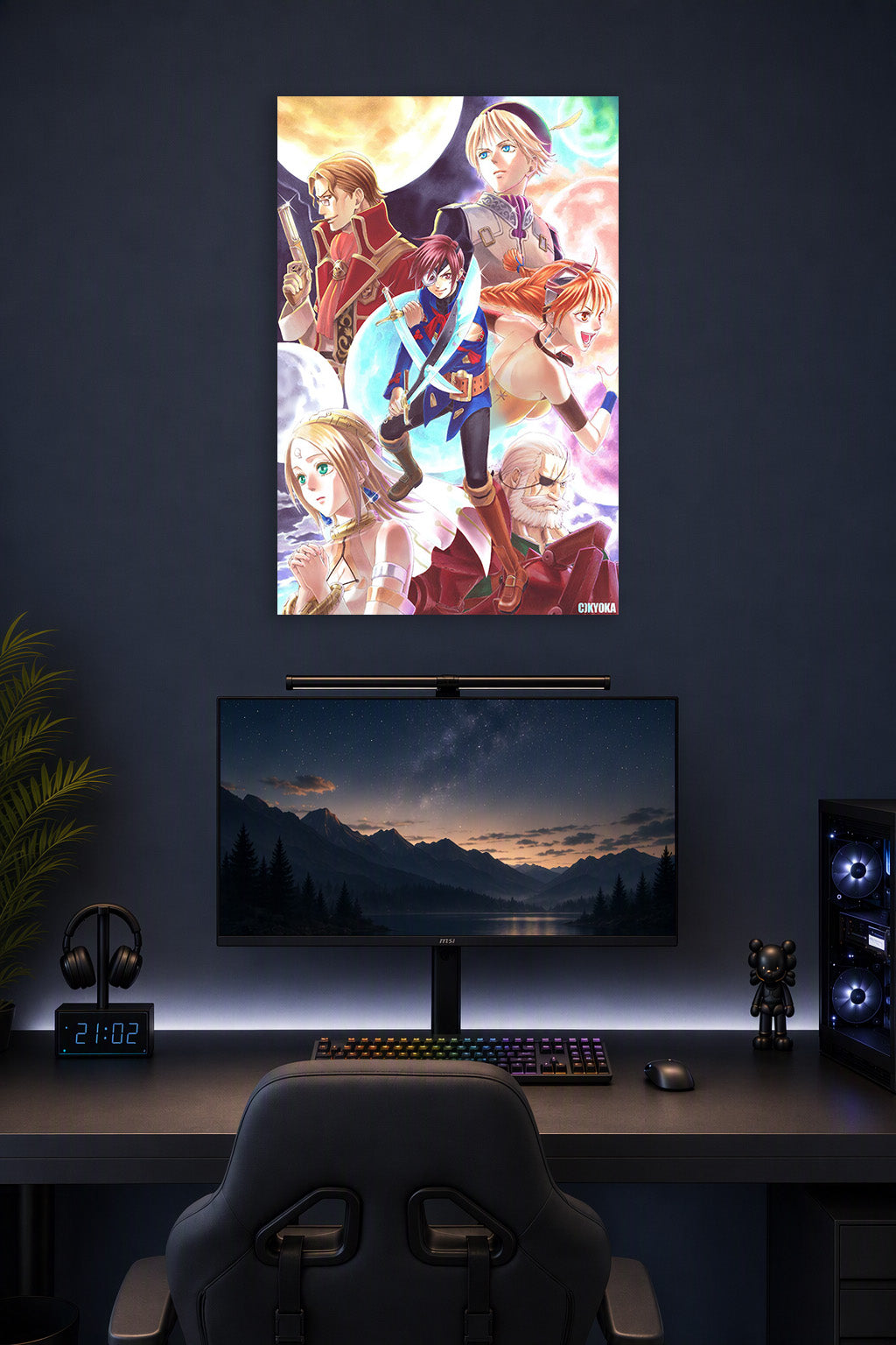 Fantasy Adventure Anime Characters in a gaming desk setup above a monitor.