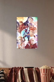 Fantasy Adventure Anime Characters in a cozy movie room above a brown sofa with popcorn.