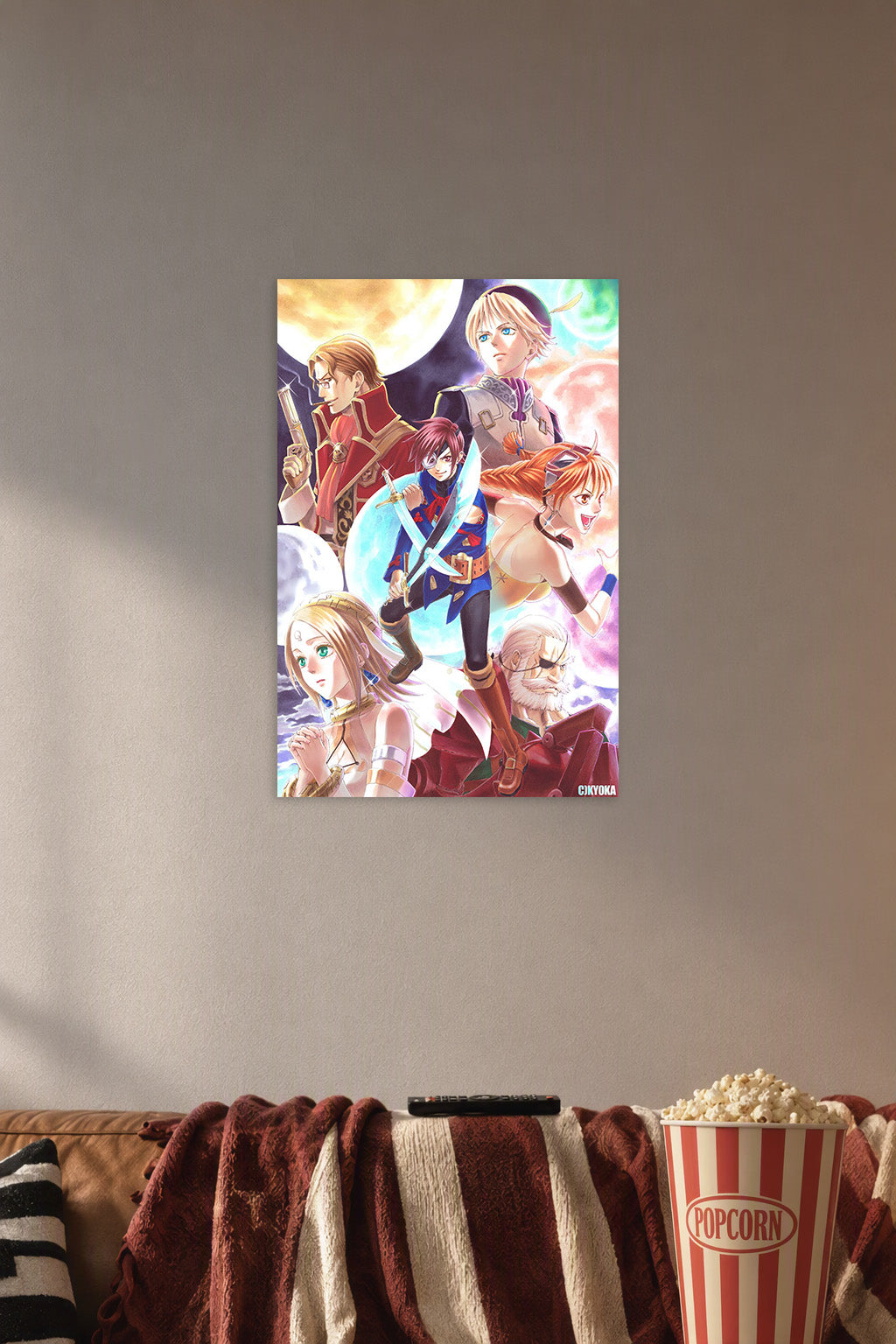 Fantasy Adventure Anime Characters in a cozy movie room above a brown sofa with popcorn.