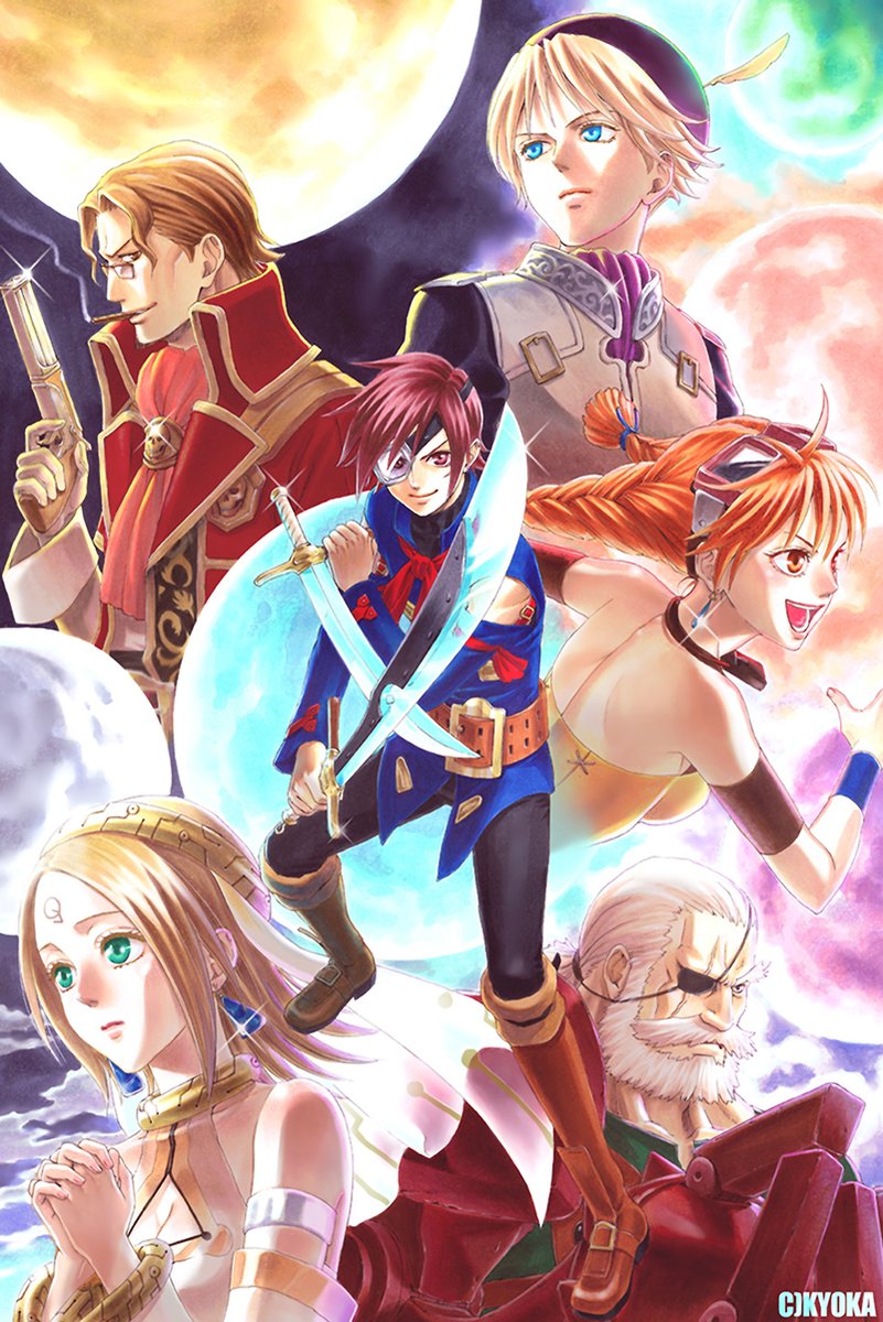 Fantasy adventure anime poster featuring six heroes, crossed swords, a pistol, and colorful moons in a glowing sky.