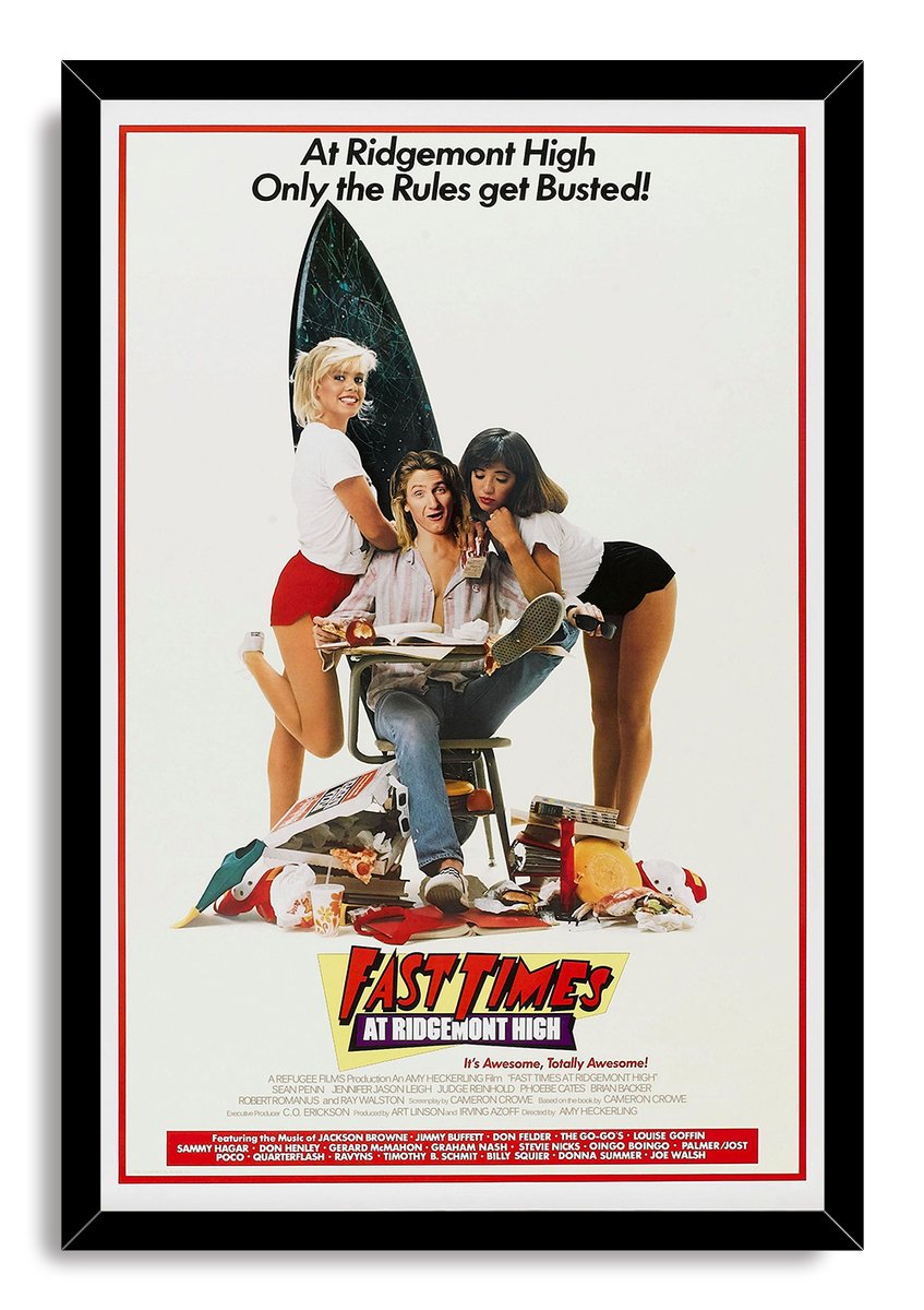 Fast Times at Ridgemont High framed wall art print with three students around a desk amid books, food, and a surfboard.