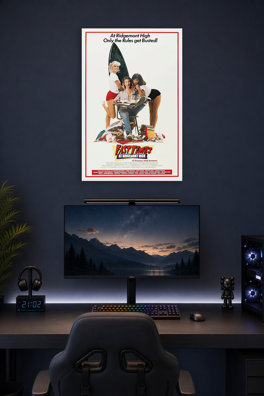 Fast Times at Ridgemont High Movie Poster in a gaming desk setup above a monitor.