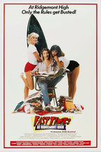 Fast Times at Ridgemont High poster with three students around a desk, surfboard, scattered books, food, and red border.
