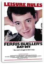 Ferris Bueller's Day Off wall art print on a white canvas-style panel, with Ferris reclining beneath red “Leisure Rules” lettering.
