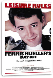 Ferris Bueller's Day Off wall art print on a white canvas-style panel, with Ferris reclining beneath red “Leisure Rules” lettering.