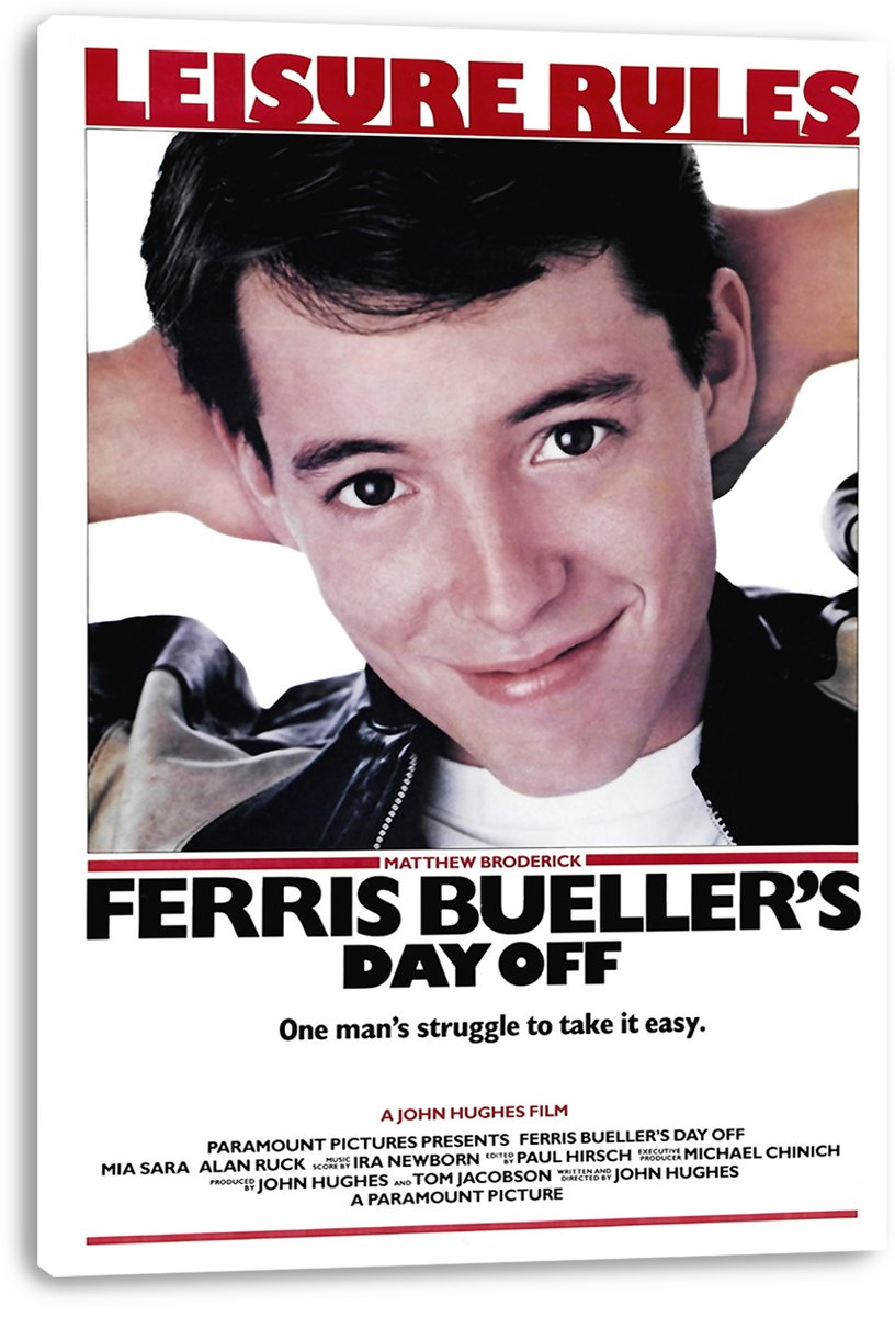 Ferris Bueller's Day Off wall art print on a white canvas-style panel, with Ferris reclining beneath red “Leisure Rules” lettering.