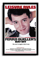 Ferris Bueller's Day Off framed wall art print presents Ferris smiling with hands behind his head in a black frame.