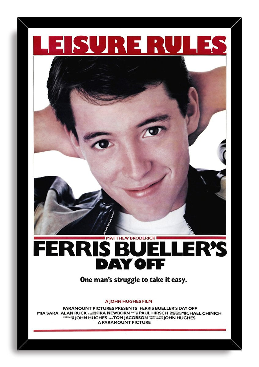 Ferris Bueller's Day Off framed wall art print presents Ferris smiling with hands behind his head in a black frame.