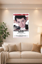 Ferris Bueller's Day Off Movie Poster in a bright living room above a beige sofa.