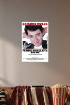 Ferris Bueller's Day Off Movie Poster in a cozy movie room above a brown sofa with popcorn.