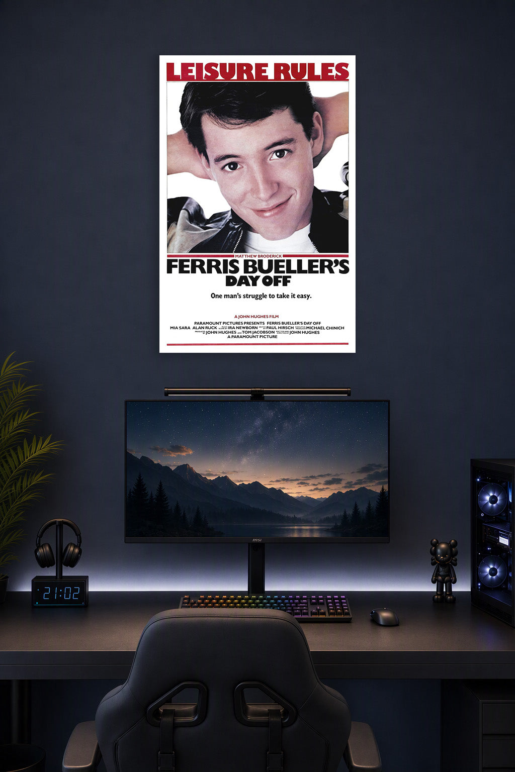 Ferris Bueller's Day Off Movie Poster in a gaming desk setup above a monitor.