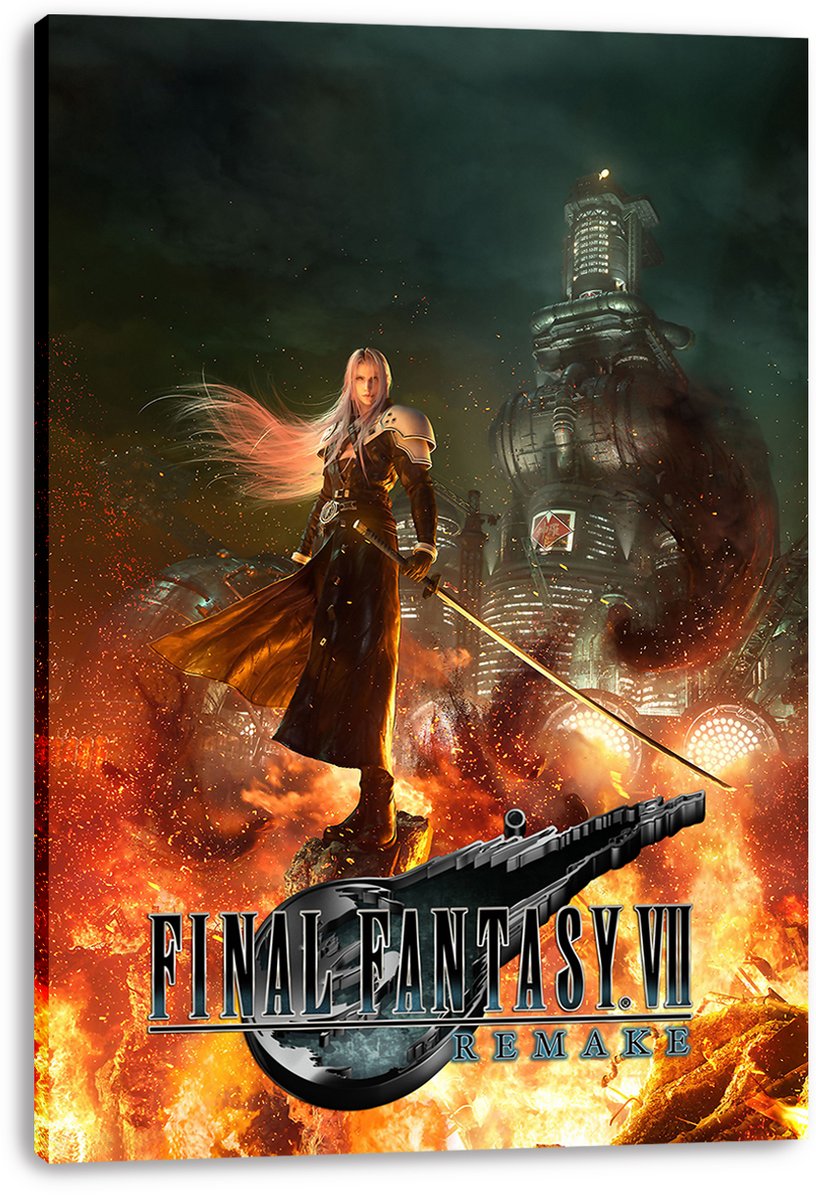 Sephiroth canvas wall art print from Final Fantasy VII Remake with silver hair, black coat, flames, and a towering reactor.