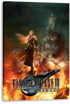 Sephiroth canvas wall art print from Final Fantasy VII Remake with silver hair, black coat, flames, and a towering reactor.