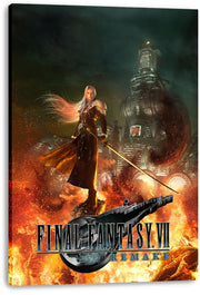 Sephiroth canvas wall art print from Final Fantasy VII Remake with silver hair, black coat, flames, and a towering reactor.