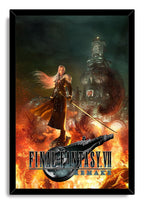 Sephiroth framed wall art print from Final Fantasy VII Remake, holding his sword amid orange flames and a dark industrial skyline.