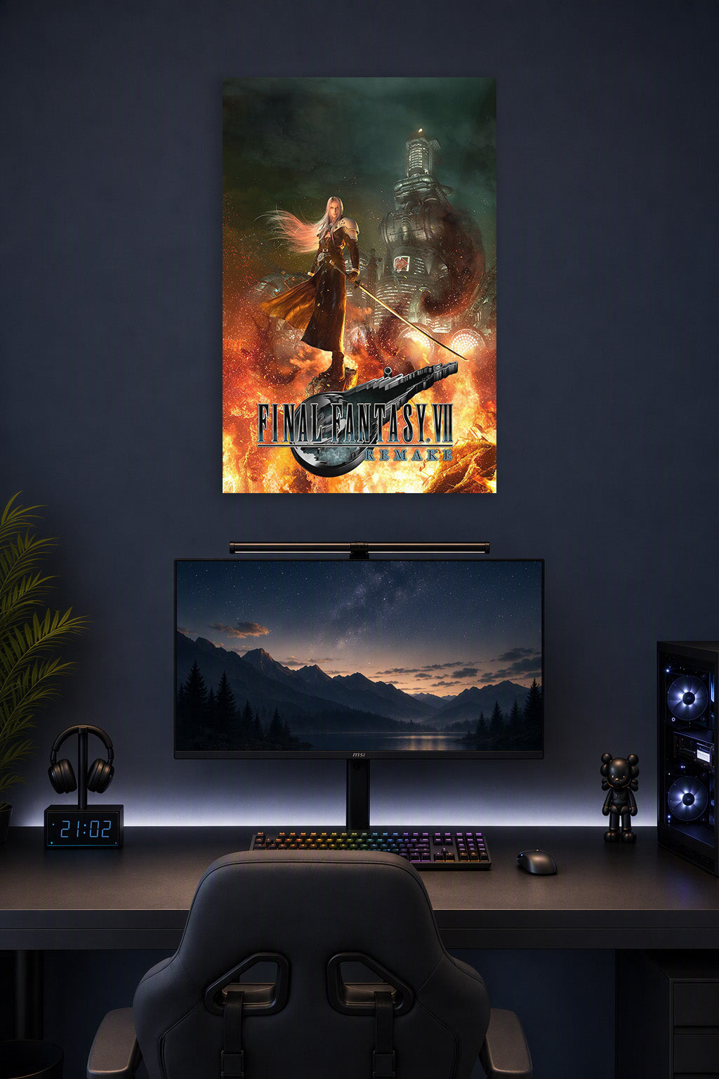 Final Fantasy VII Remake Sephiroth in a gaming desk setup above a monitor.