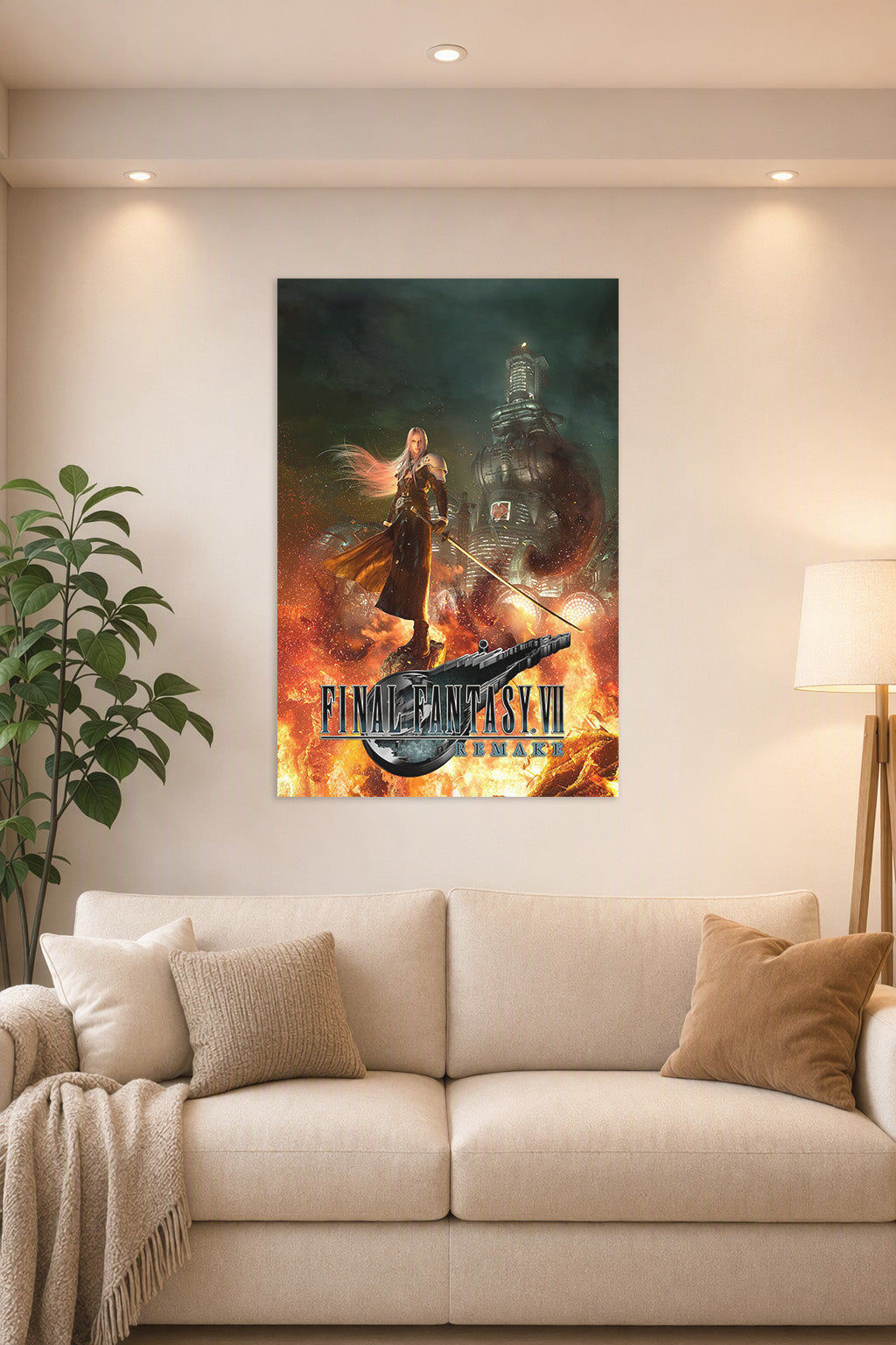 Final Fantasy VII Remake Sephiroth in a bright living room above a beige sofa.