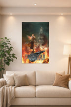 Final Fantasy VII Remake Sephiroth in a bright living room above a beige sofa.
