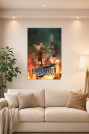 Final Fantasy VII Remake Sephiroth in a bright living room above a beige sofa.