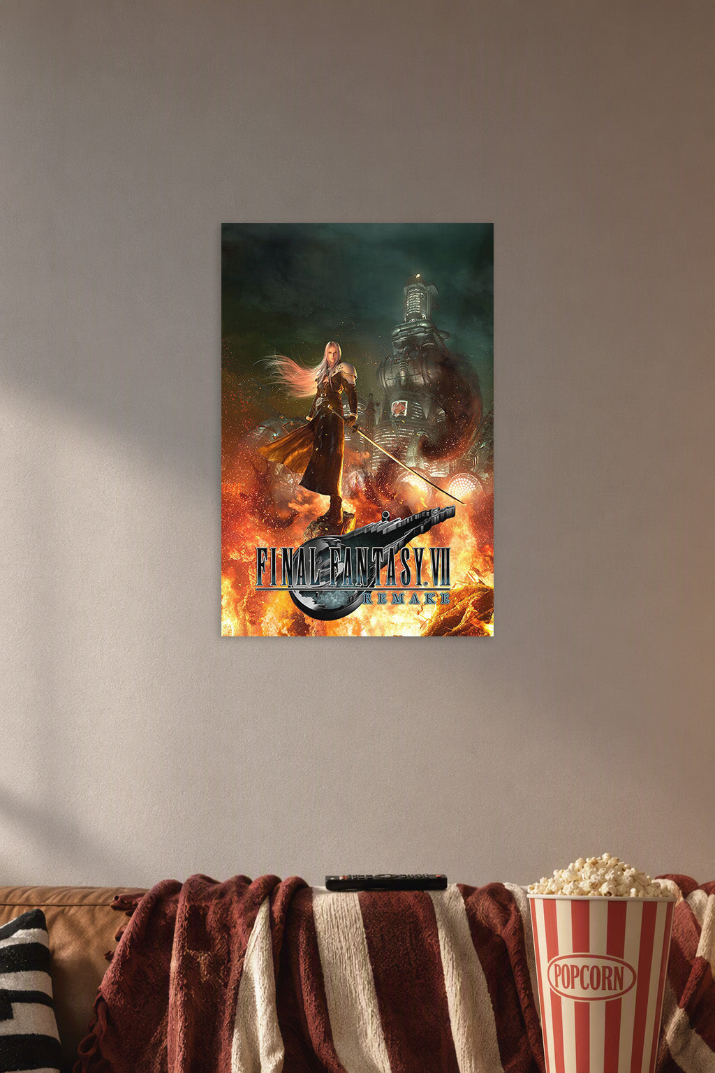 Final Fantasy VII Remake Sephiroth in a cozy movie room above a brown sofa with popcorn.