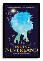 Finding Neverland framed wall art print presents a blue starry profile, silhouetted couple and London landmarks on deep purple.