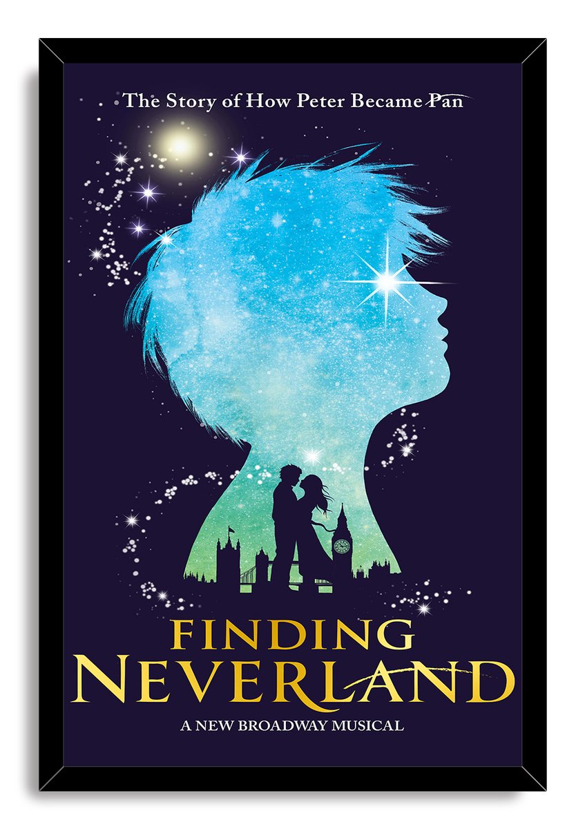 Finding Neverland framed wall art print presents a blue starry profile, silhouetted couple and London landmarks on deep purple.