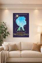 Finding Neverland Musical Poster in a bright living room above a beige sofa.