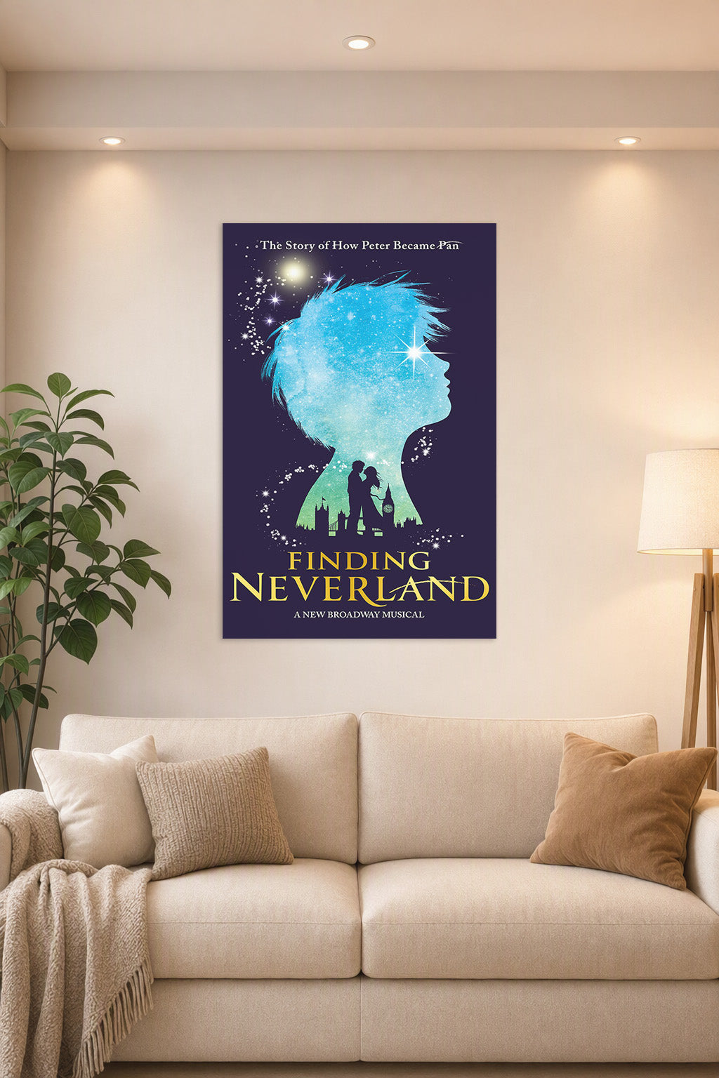 Finding Neverland Musical Poster in a bright living room above a beige sofa.
