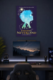 Finding Neverland Musical Poster in a gaming desk setup above a monitor.