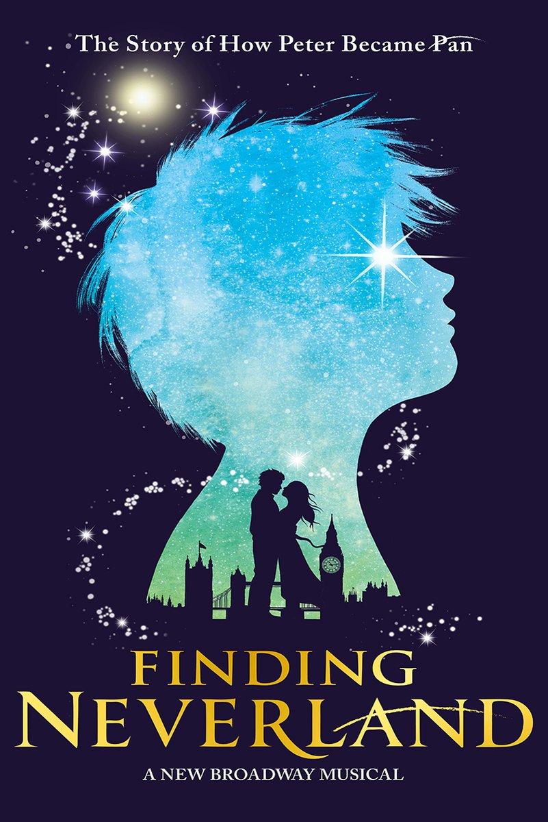 Finding Neverland poster features a star-filled blue and green boy's profile silhouette, embracing couple, London skyline, and gold title.
