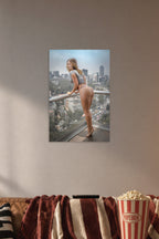 Fit Woman on Balcony in a cozy movie room above a brown sofa with popcorn.