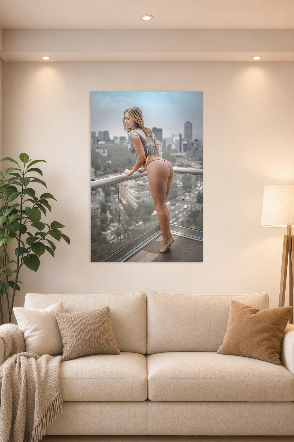 Fit Woman on Balcony in a bright living room above a beige sofa.