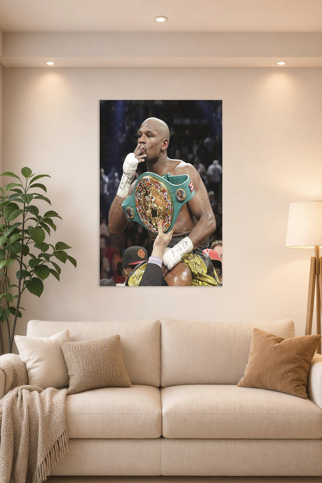 Floyd Mayweather in a bright living room above a beige sofa.