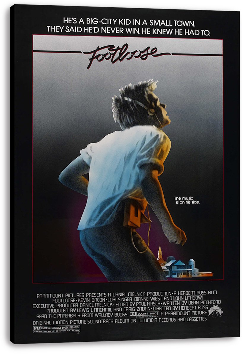 Footloose movie poster canvas print featuring a dancing young man with headphones, a cassette player, and a glowing town scene.