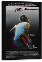 Footloose movie poster canvas print featuring a dancing young man with headphones, a cassette player, and a glowing town scene.