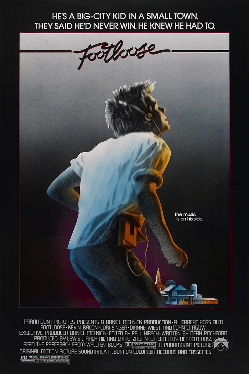 Footloose movie poster wall art print featuring a headphone-wearing young man in a white shirt above a small town at night.